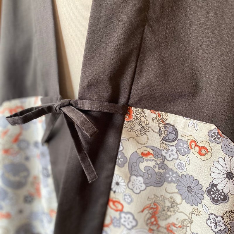 独家设计 龙纹菊花家徽 手工和式外套 / 短袖款 - 男装外套 - 棉．麻 灰色