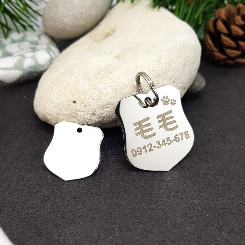 【Fulgor Jewel】狗牌 宠物吊牌 姓名牌 免费刻字 不锈钢帅气盾牌 - 项圈/牵绳 - 不锈钢 银色