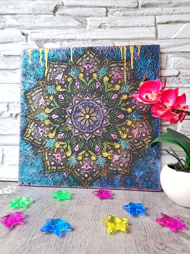 平静心灵的曼陀罗纹理绘画在胶合板神圣几何冥想艺术 - 墙贴/壁贴 - 木头 蓝色