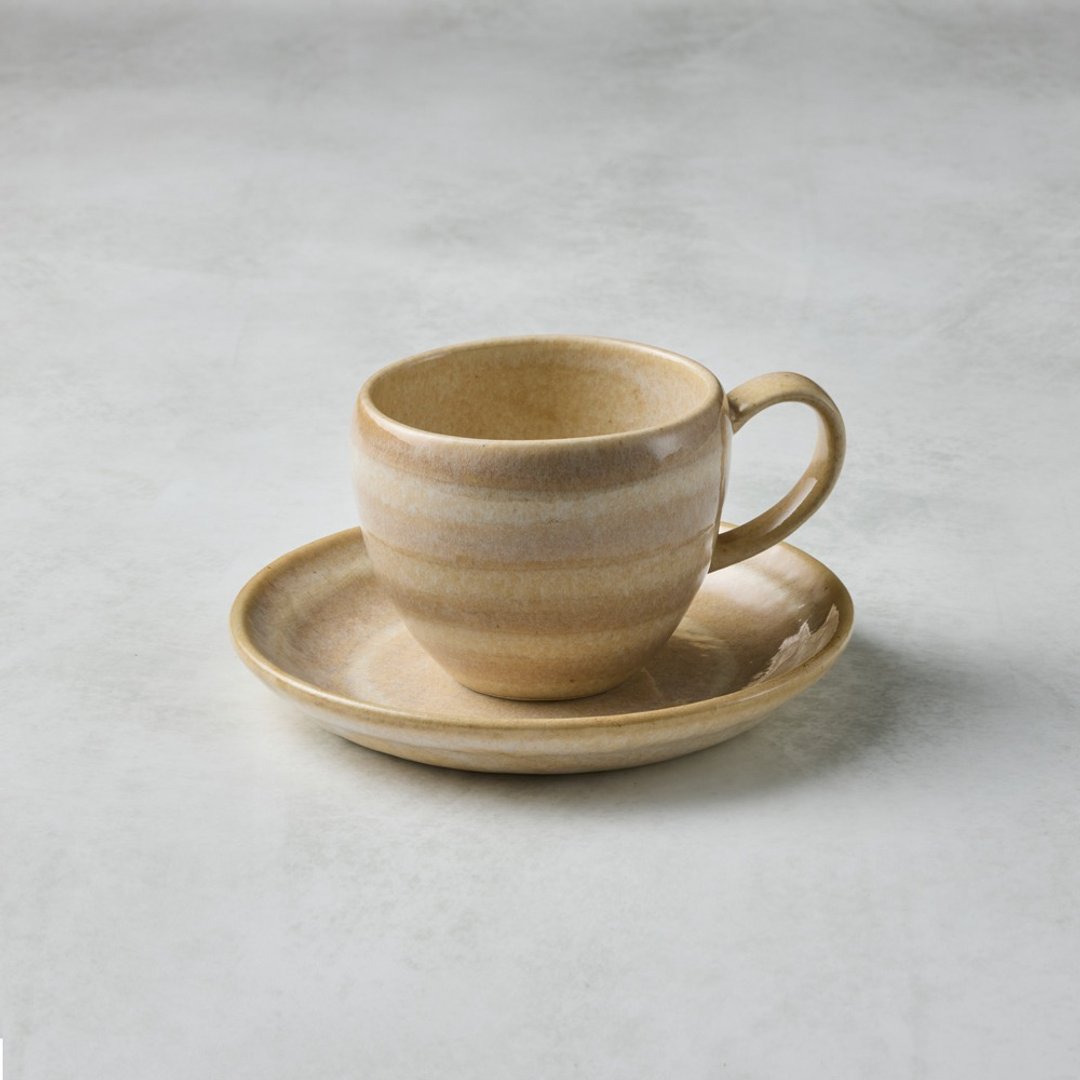 日本美浓烧 - 圆釉咖啡杯碟组 - 白茶色(2件式) - 200 ml - 咖啡杯/马克杯 - 陶 卡其色