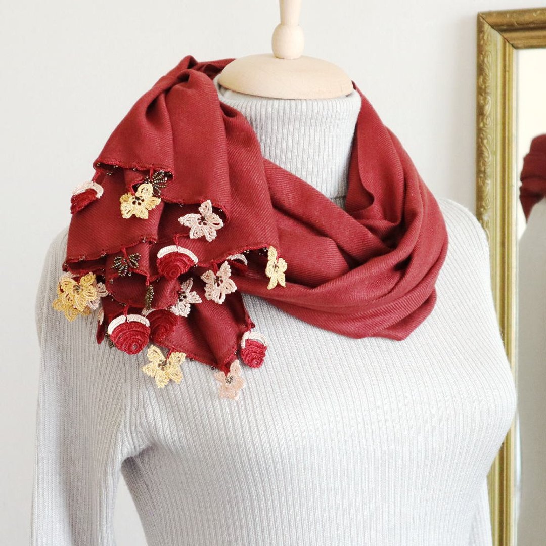OYA crochet Pashmina shawl  - BIJOU - Terracotta - 丝巾 - 羊毛 红色