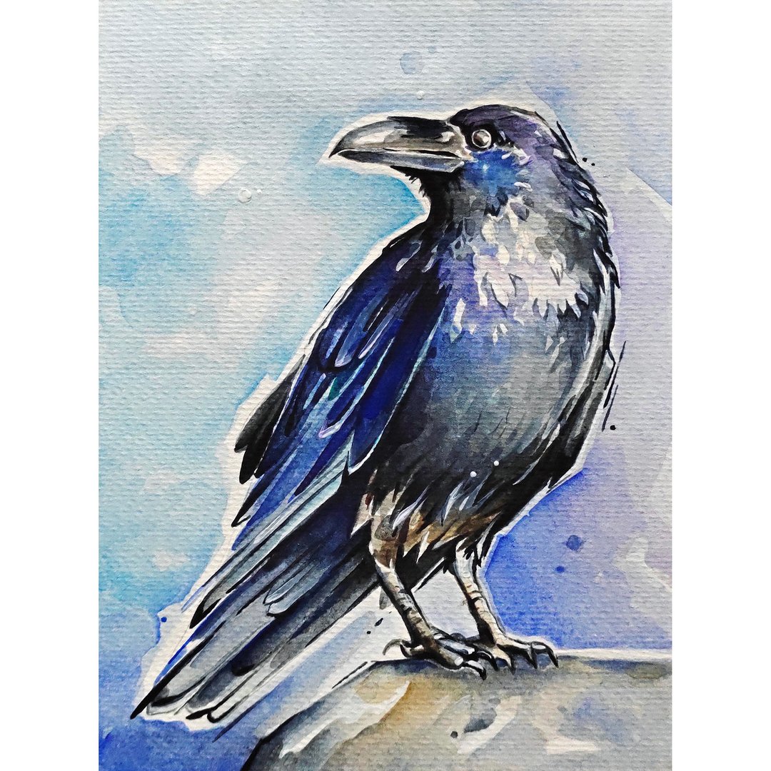Crow painting bird original art raven artwork watercolor painting crow wall art - 海报/装饰画/版画 - 纸 蓝色