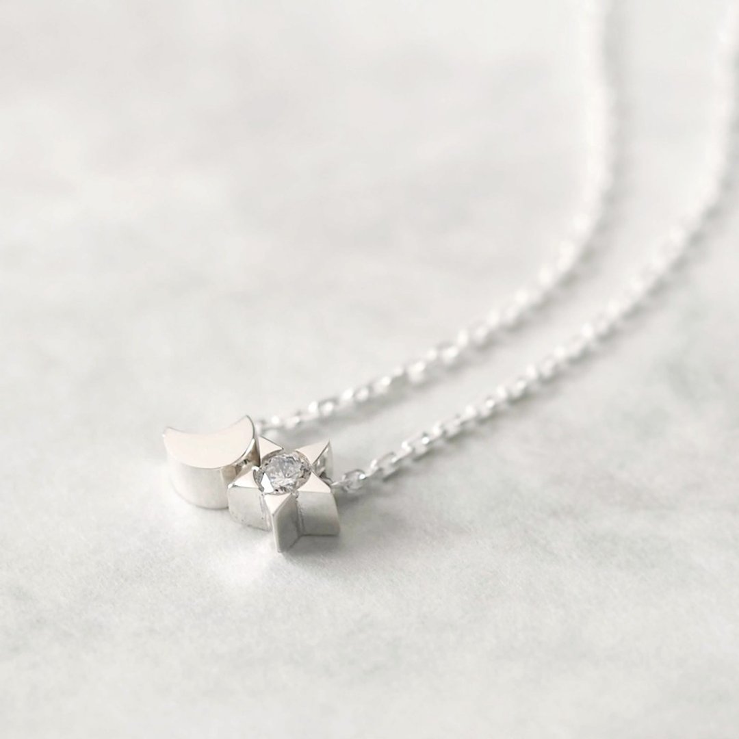 White star &amp; crescent moon necklace Silver 925 - 项链 - 其他金属 银色