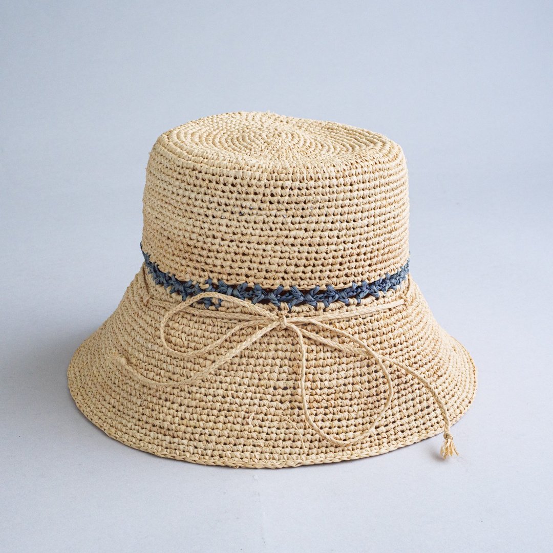Raffia hand-knitted hat / natural blue - 帽子 - 其他材质 