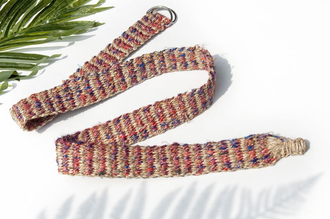手工编织棉麻腰带 手工梭织皮带-红色彩虹星辰条纹 手捻纱丽丝线 - 皮带/腰带 - 棉．麻 多色