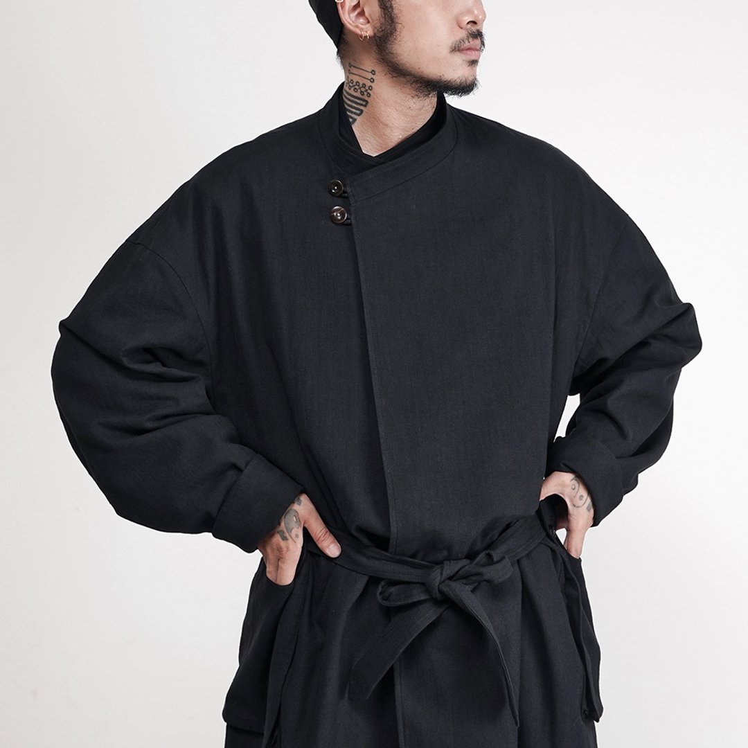 日系秋冬復古中國風漢服圓領休閑寬鬆長風衣外套 - 男装外套 - 棉 黑色