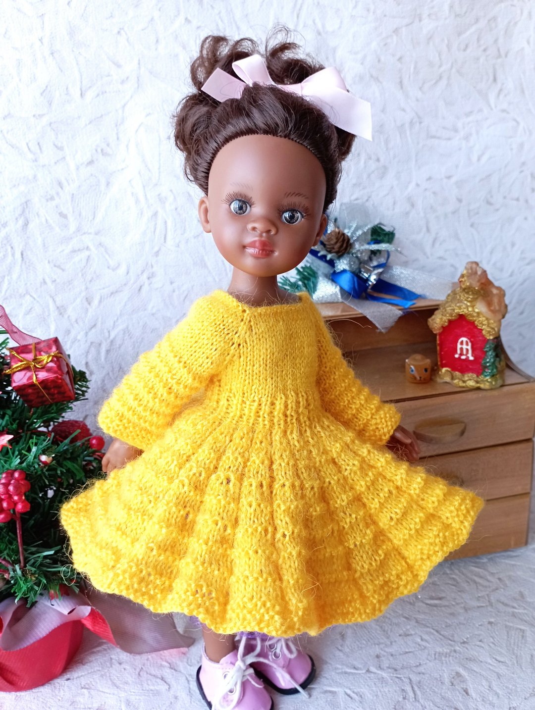 Knitted dress for Paola Reina doll. Handwork .outfit for 13 inch doll - 玩具/玩偶 - 羊毛 黄色