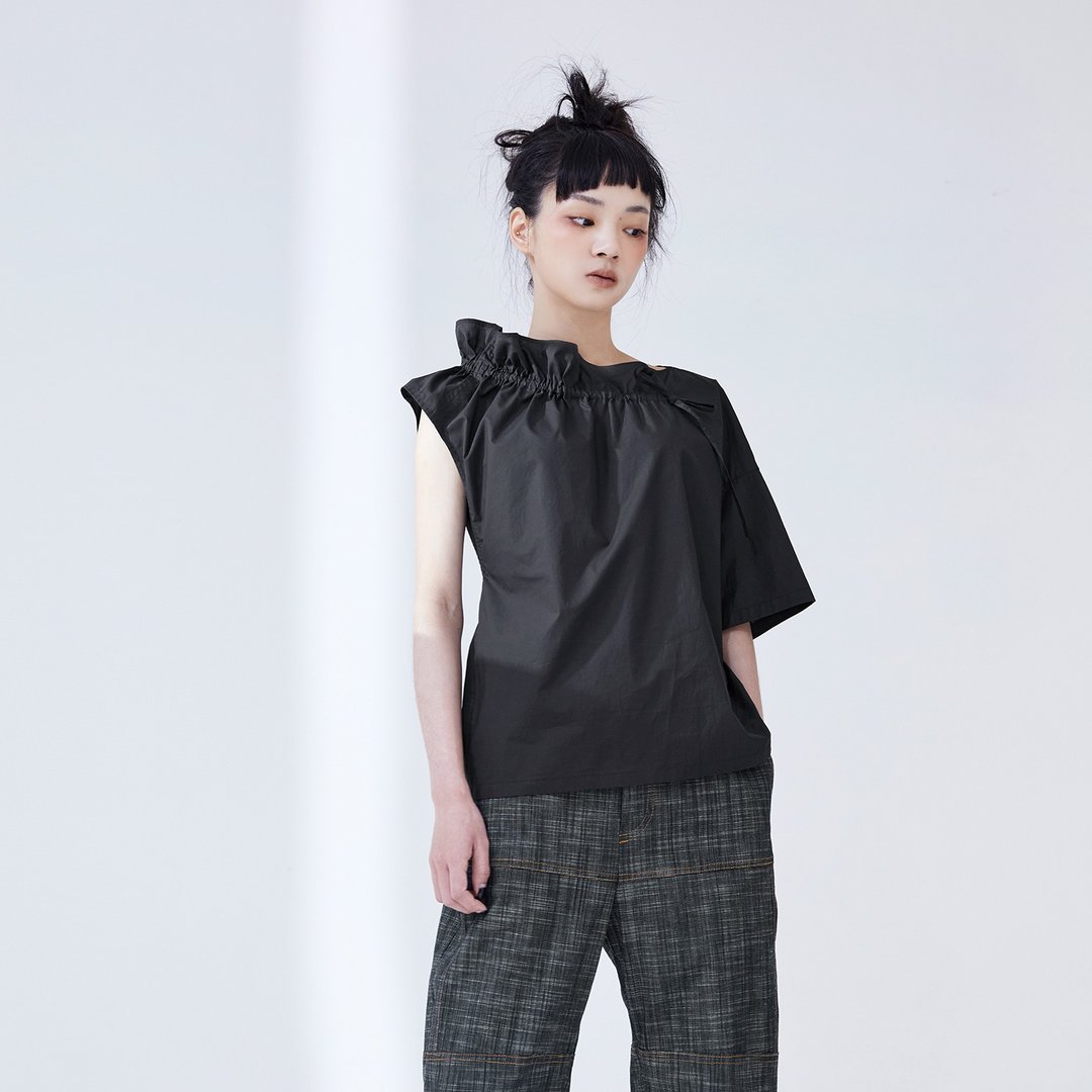 不对称抽绳上衣 - 女装上衣 - 棉 蓝色