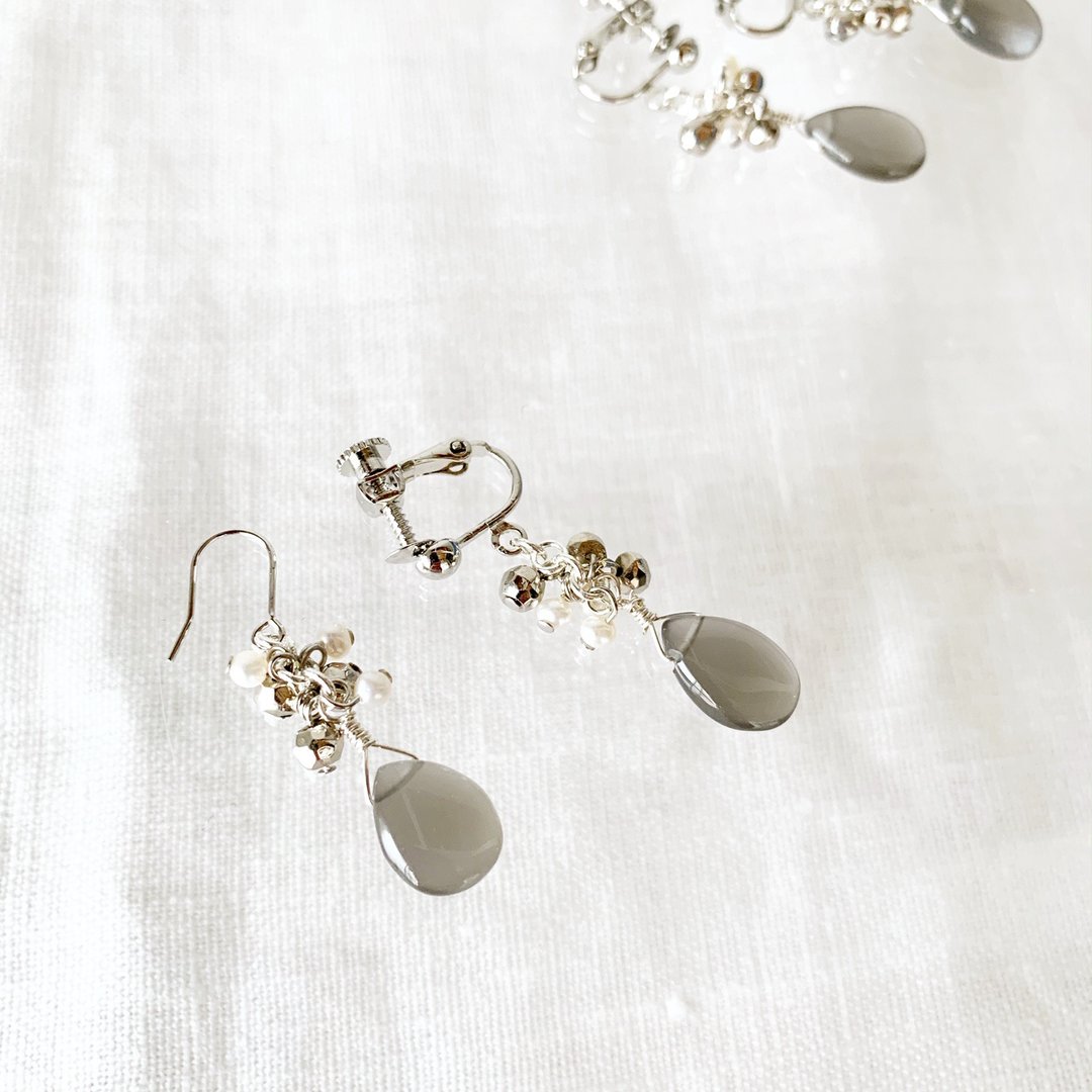[June's birthstone] Gray Moonstone · Freshwater Pearl · Terahertz · Earrings / Earrings - 耳环/耳夹 - 半宝石 灰色