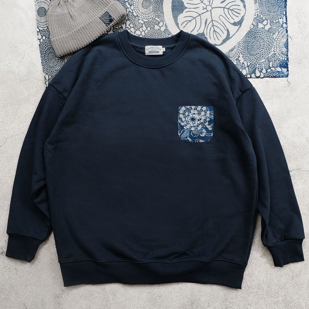 Major Folk│日本蓝染古布复古花卉口袋加绒长袖卫衣 花式随机 - 男装上衣/T 恤 - 棉．麻 