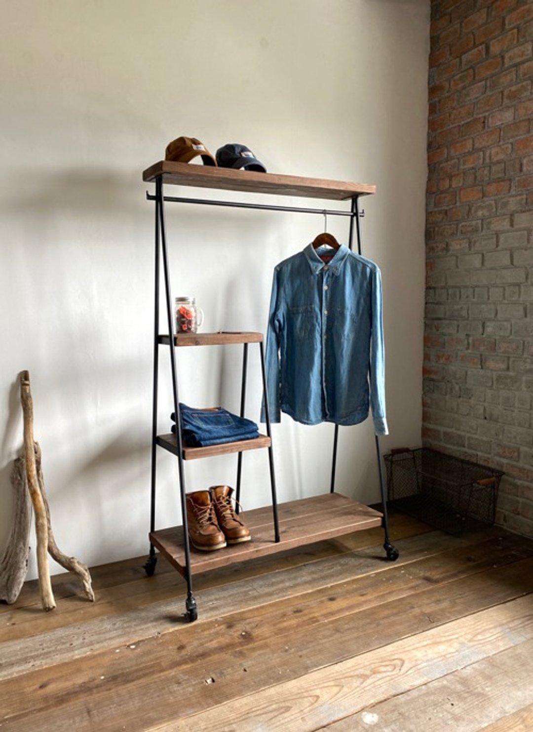 Limited quantity SNNK-4DB Hanger rack 4-tier shelf storage caster iron old wood shelf made-to-order - 摆饰 - 木头 