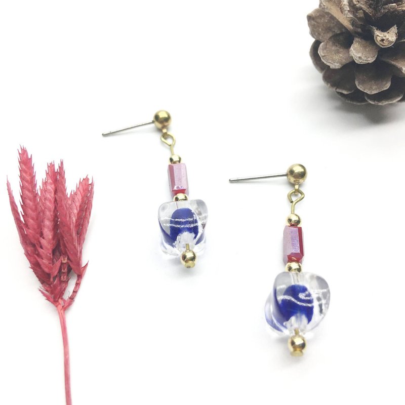 老林杂货l手作黄铜琉璃压克力耳环 香水瓶   耳勾l耳针l耳夹 - 耳环/耳夹 - 玻璃 蓝色