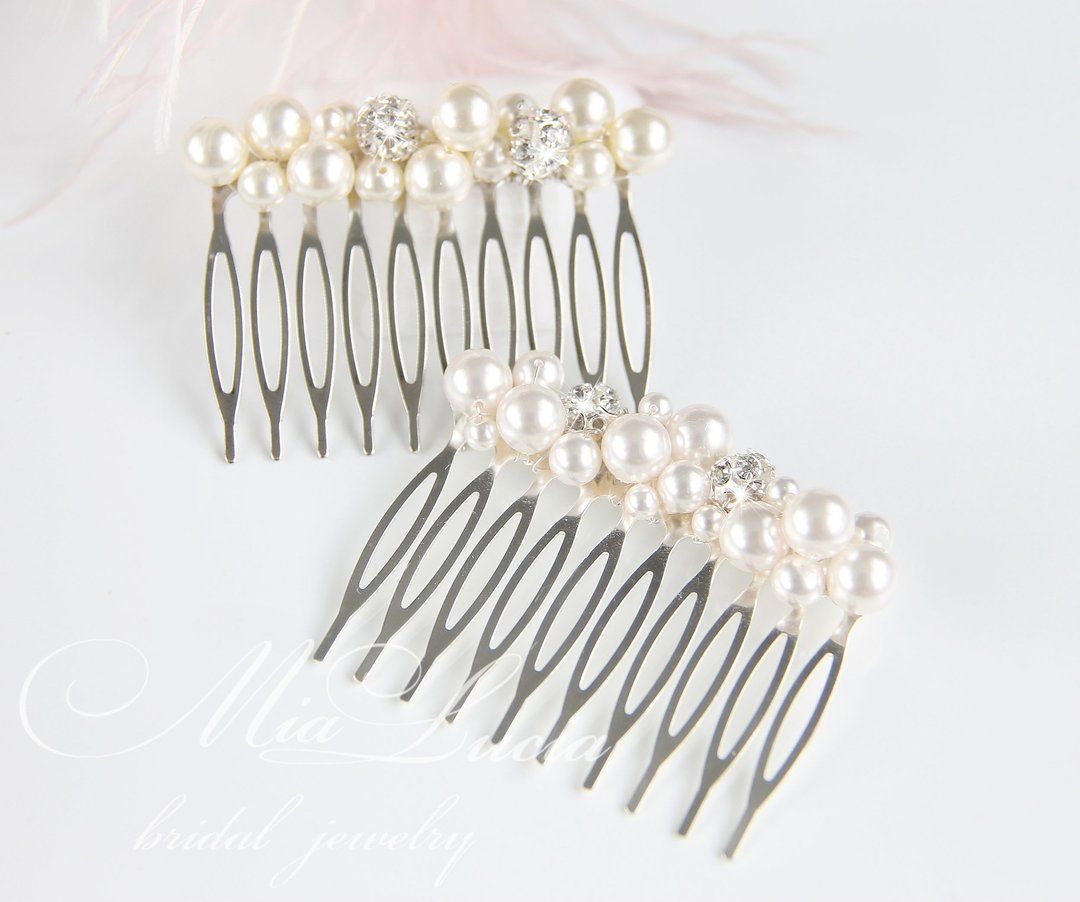 Bridal hair comb pearl / Wedding hair comb for bride / Pearl Bridal Comb - 发饰 - 玻璃 银色