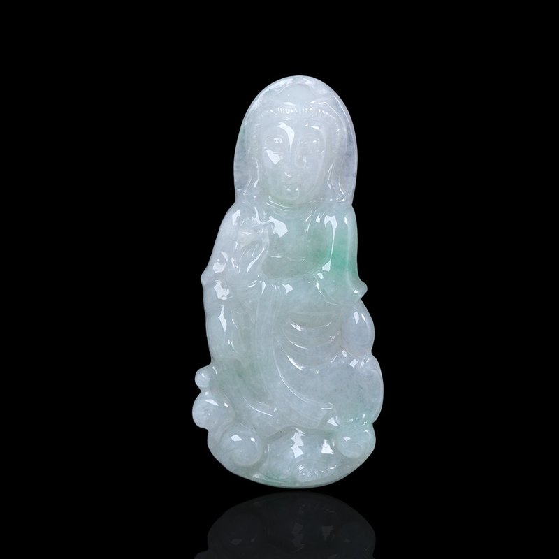 冰种飘绿翡翠观音菩萨项链 | 天然缅甸玉翡翠A货 | 送礼 - 项链 - 玉石 绿色