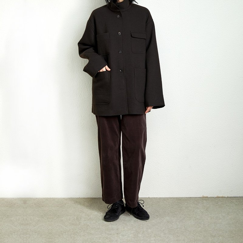 乌木棕色日本进口羊毛呢轻柔立领廓形口袋呢大衣外套 杲果GAOGUO - 女装休闲/机能外套 - 羊毛 咖啡色