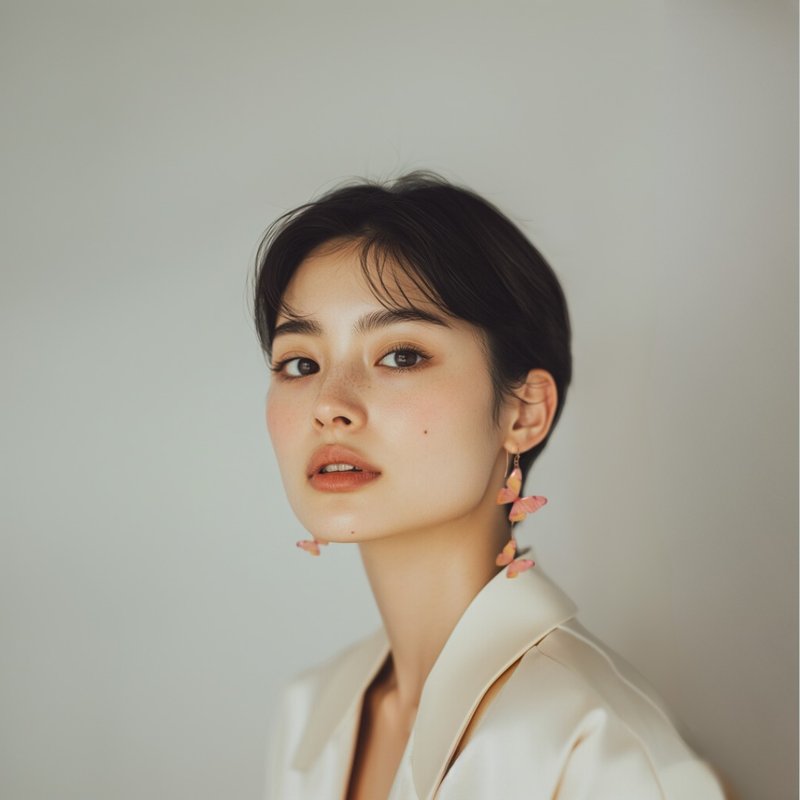 Cherry-colored butterfly (asymmetry) - 耳环/耳夹 - 棉．麻 粉红色