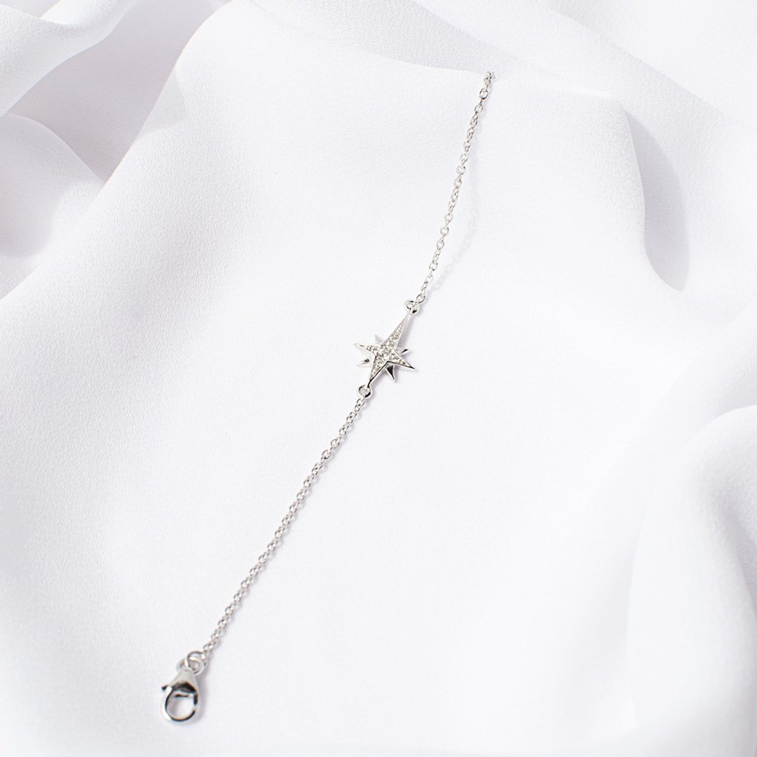 Pure 925 Sterling Silver Shining Wishing Star Chain Bracelet for Women - 手链/手环 - 纯银 银色