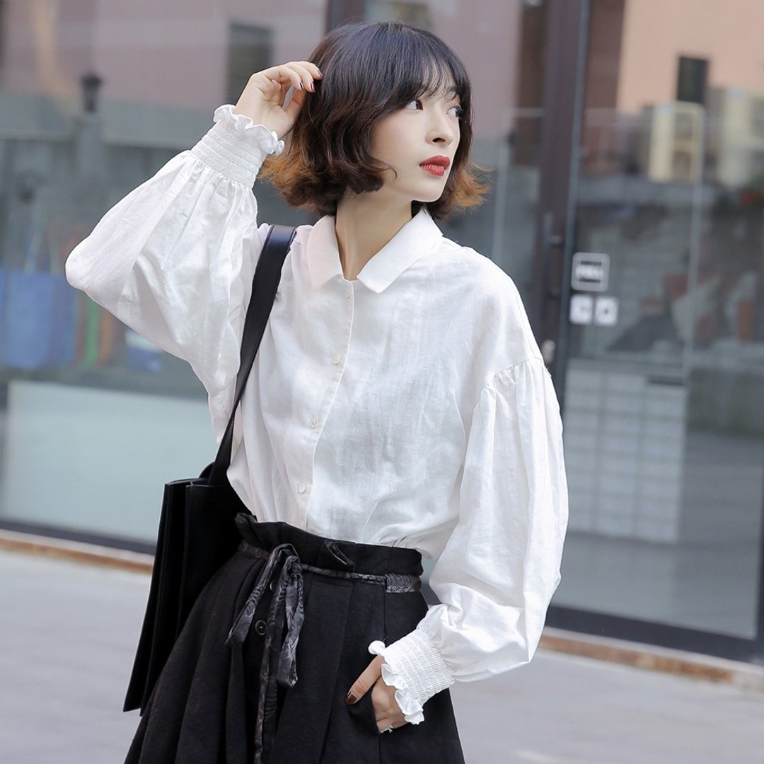 宫廷式翻领泡泡袖衬衫|衬衫|秋款|棉|Sora-372 - 女装衬衫 - 棉 白色