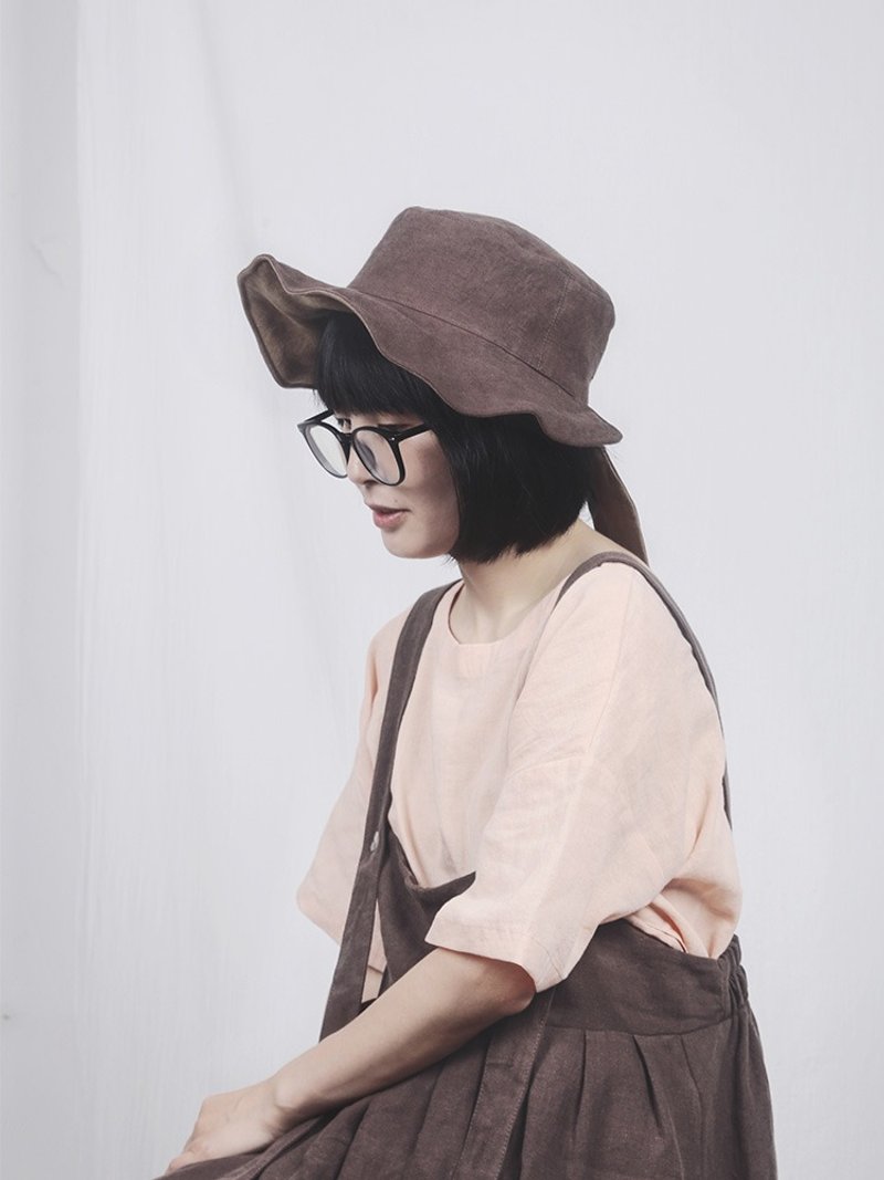 亚麻兔耳帽双面可戴宽檐遮阳帽子太阳帽 - 帽子 - 亚麻 咖啡色