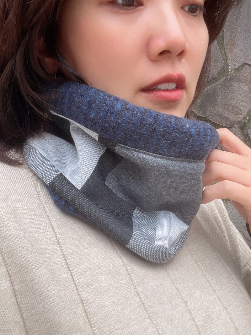 黑灰大格子 抽绳羊毛小围脖 围巾 - 围巾/披肩 - 棉．麻 黑色