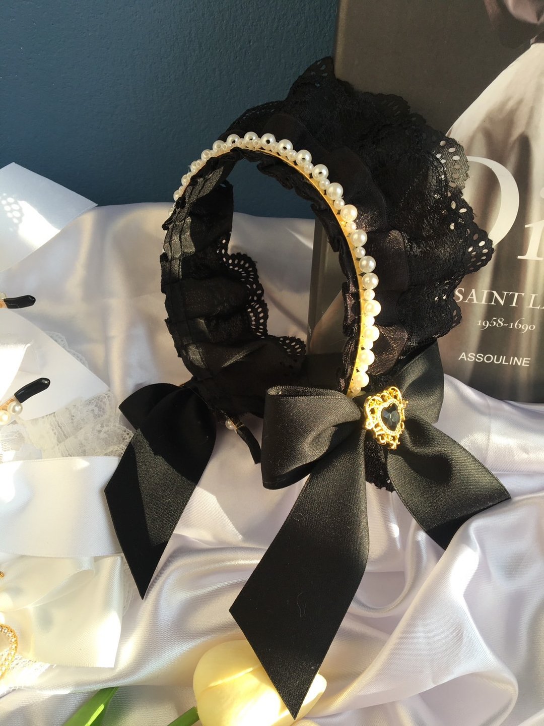 Handmade headband with lace and bow on both sides - 发饰 - 棉 多色