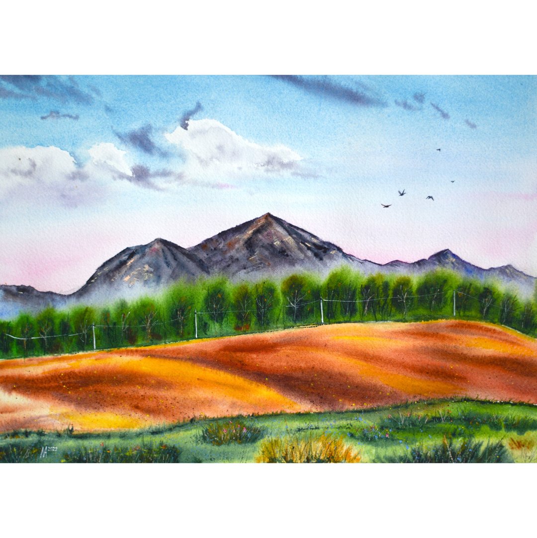 Original Watercolor Caucasus Mountains Painting Landscape Handmade Artwork - 海报/装饰画/版画 - 纸 多色