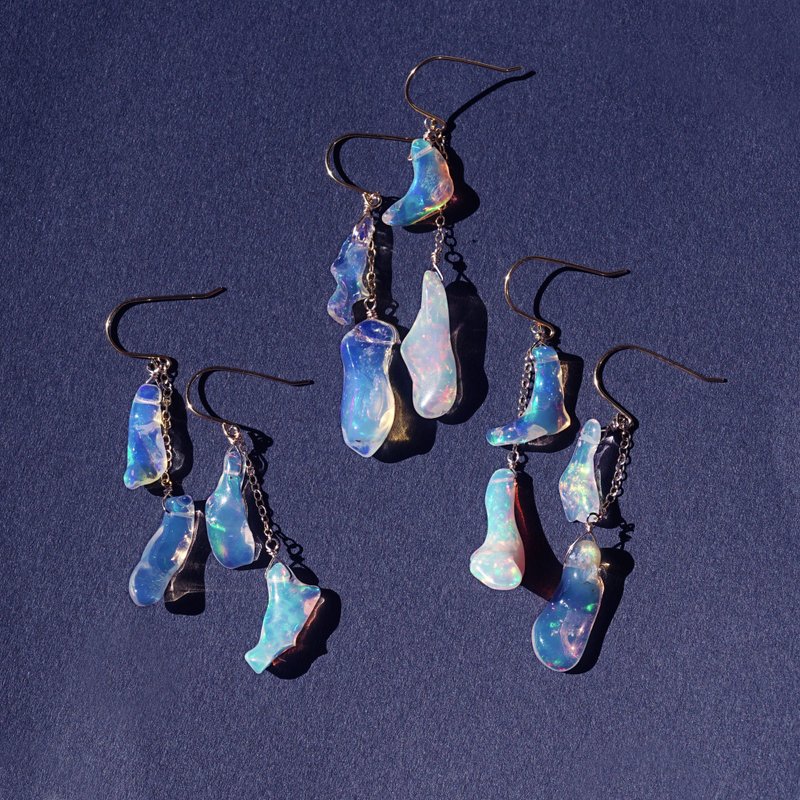 14KGF 埃塞俄比亚产蛋白石随形切面流苏耳环 Pallas - 耳环/耳夹 - 宝石 白色