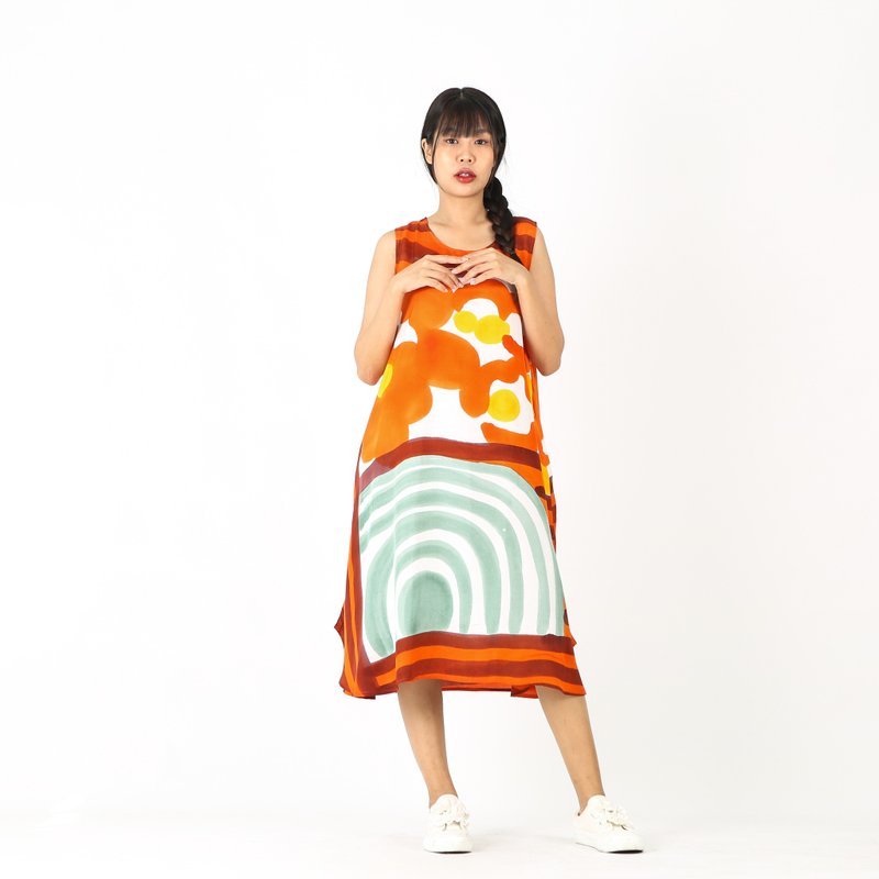 Sac Sleeveless Dress Soft Cotton Silk Hand Paint for Holiday - 洋装/连衣裙 - 棉．麻 橘色