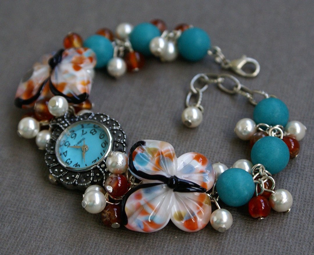 Turquoise blue with brown watch with lampwork butterflies, handmade beaded watch - 女表 - 玻璃 蓝色