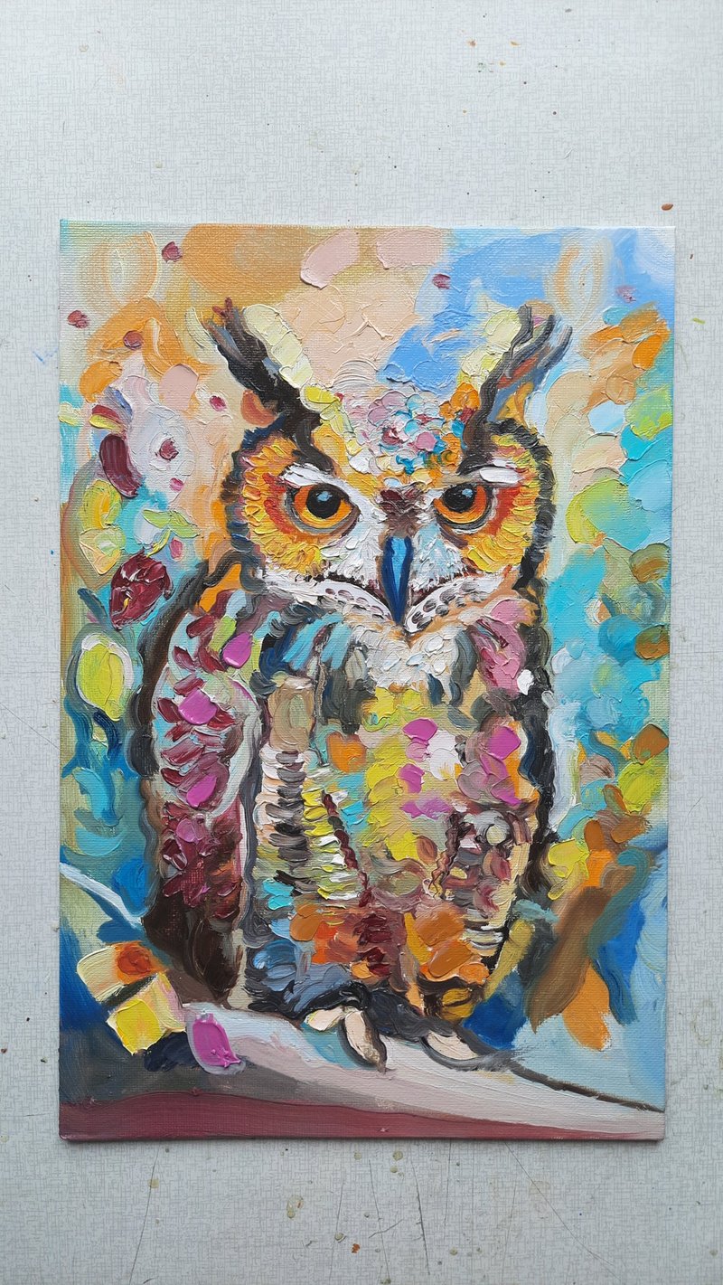 猫头鹰艺术雀彩色原创艺术油画纸板油画 30 x 20sm - 墙贴/壁贴 - 其他材质 橘色