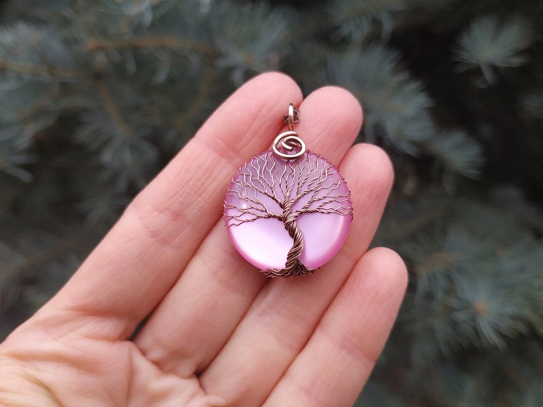 Pink Wire Wrapped Copper Tree Of Life Pendant Necklace, Birthday Gift for her - 项链 - 其他金属 粉红色