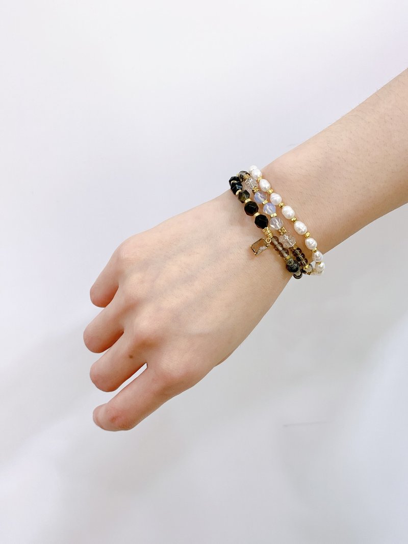 黑鸢尾花的觉醒 // 黑曜石黑发晶双圈手链 黄铜手链 - 手链/手环 - 铜/黄铜 黑色