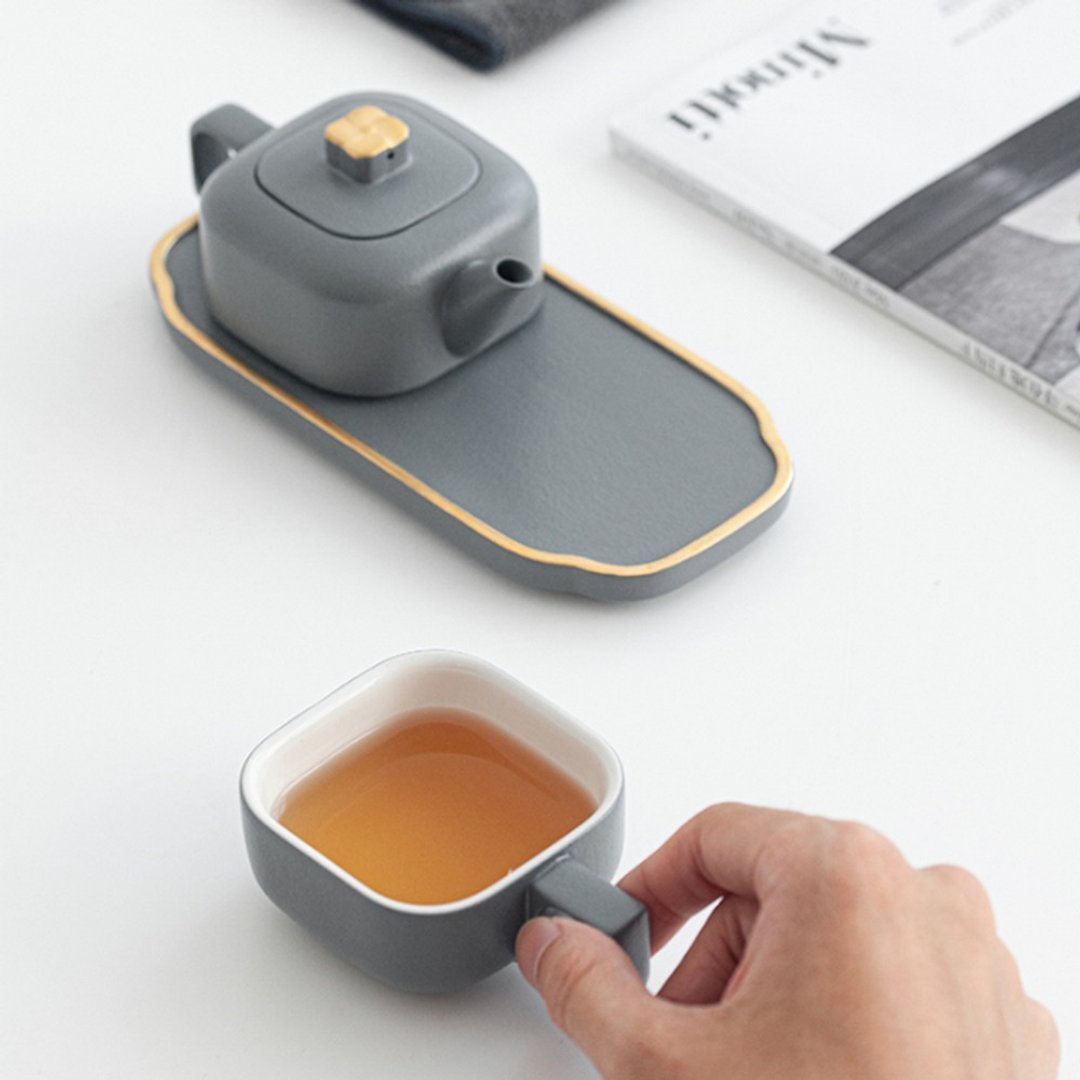 故宫宫廷文化 | 四合如意茶具 一壶一杯 便携茶具 月岩灰 - 茶具/茶杯 - 陶 灰色