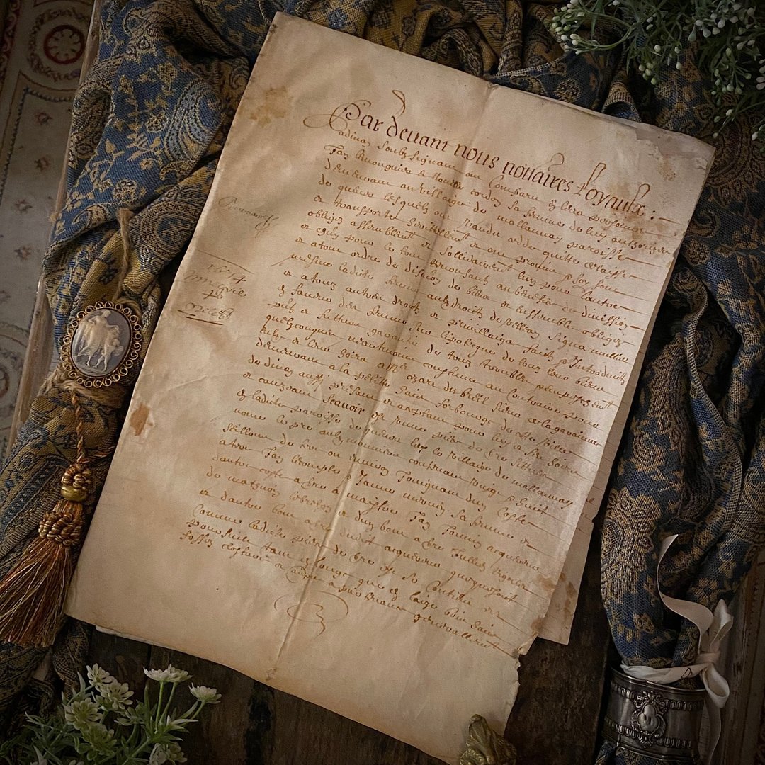 1614年17世纪法王路易十三时期 法文古董羊皮纸古文卷 - 其他 - 真皮 卡其色