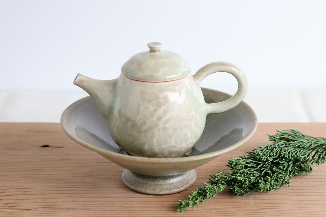 冰裂棕绿高足盘/冰裂绿灰壶 - 茶具/茶杯 - 陶 
