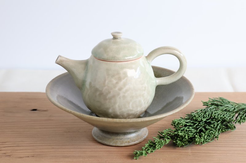 冰裂棕绿高足盘/冰裂绿灰壶 - 茶具/茶杯 - 陶 