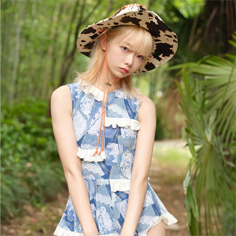 蕾丝牛仔印花少女半片裙式连体泳衣女款泡温泉泳装 - 女装泳衣/比基尼 - 其他材质 蓝色