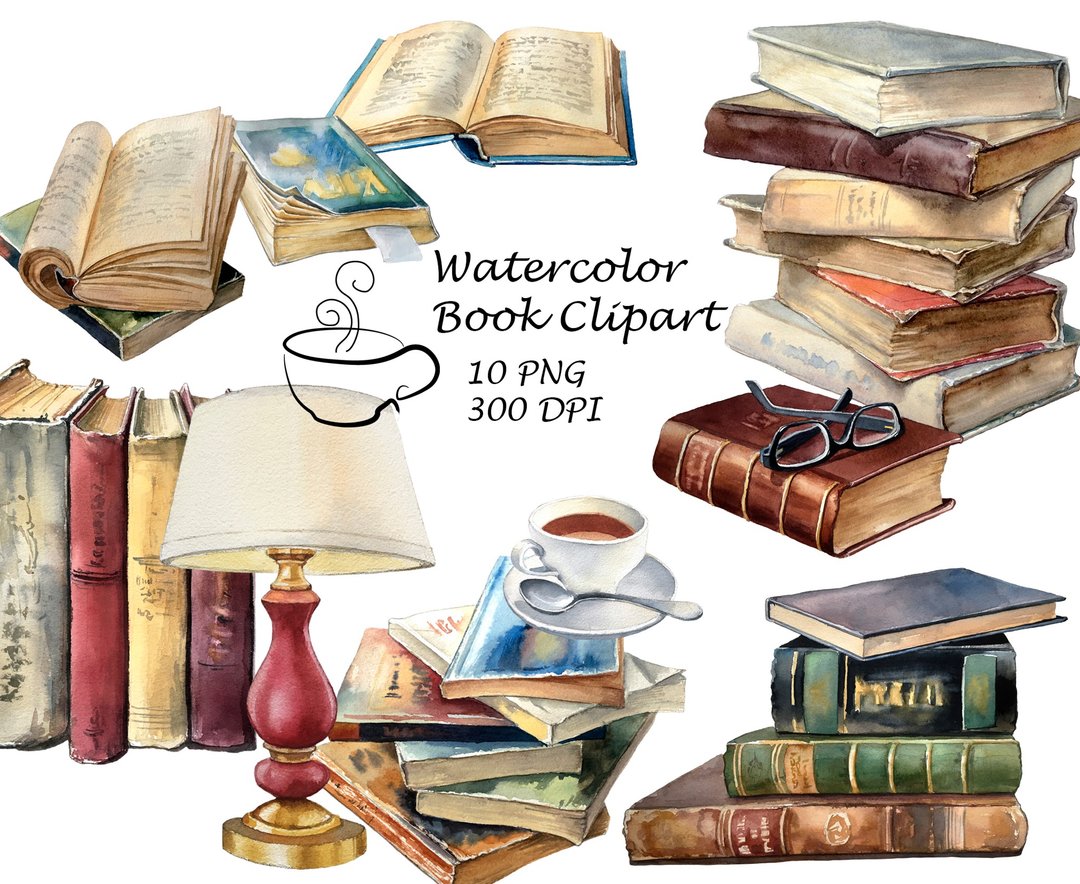 Vintage Books Clipart. Watercolor illustration - 电子手绘真人画像/绘画/插画 - 其他材质 