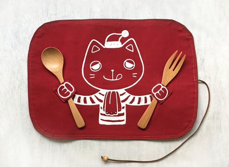 圣诞派对 贪吃小猫收纳餐垫 / 红 / 交换礼物 - 餐垫/桌巾 - 棉．麻 红色