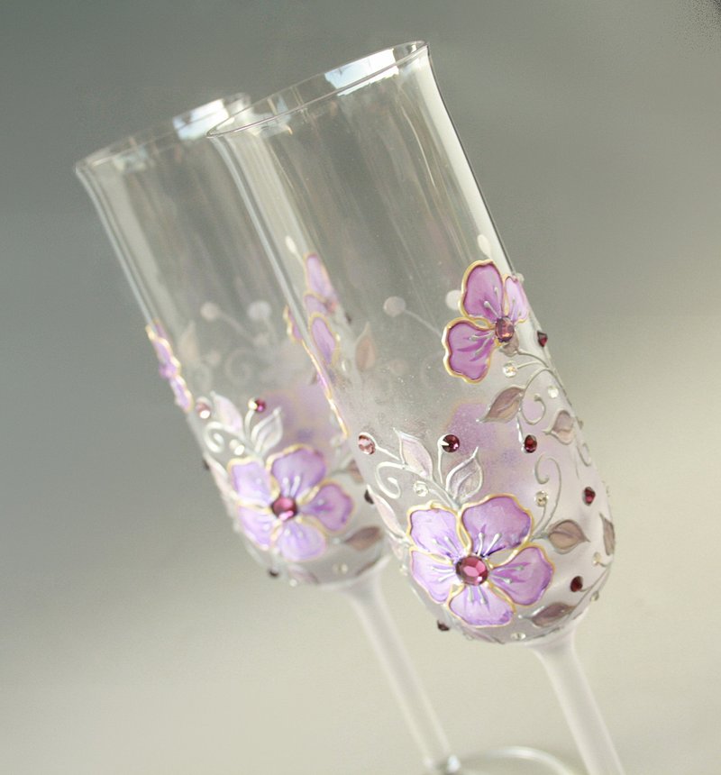 Wedding Champagne Glasses Violet Purple Swarovski Hand-painted set of 2 - 酒杯/酒器 - 玻璃 紫色