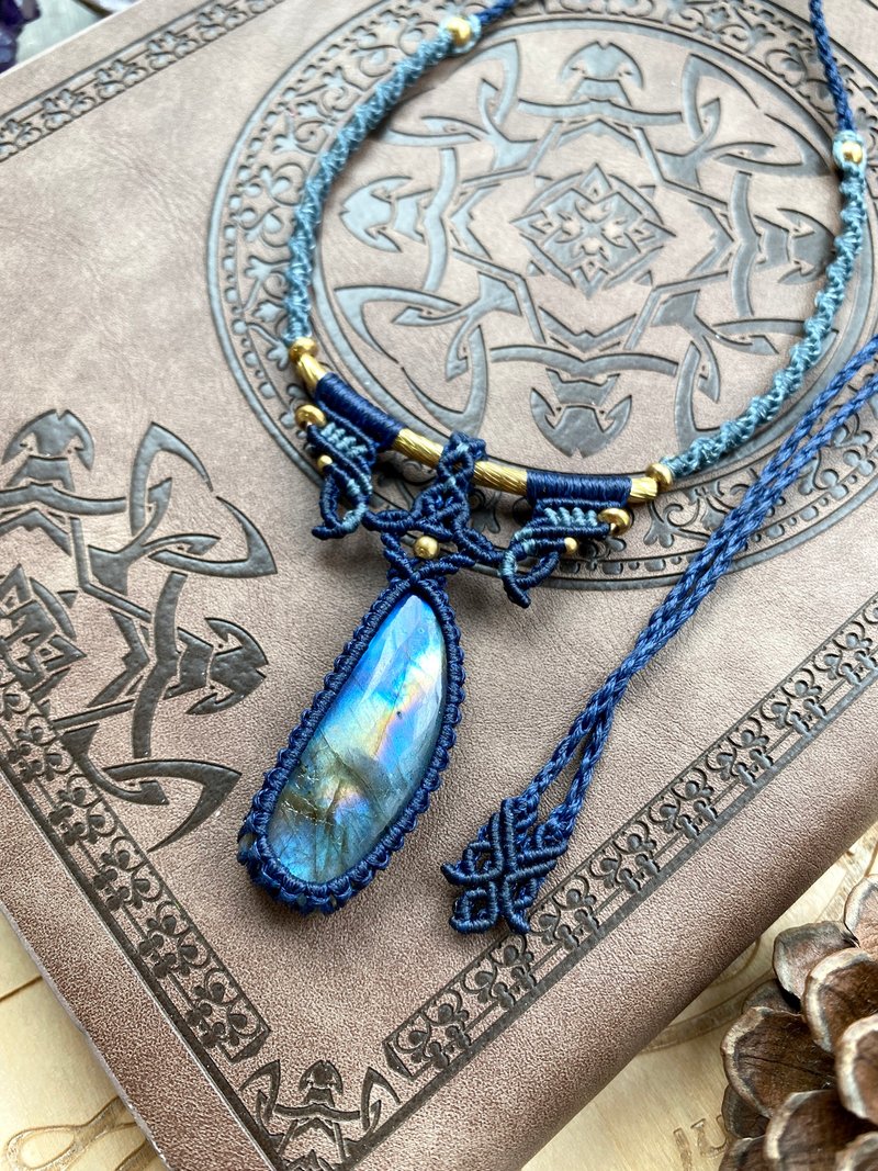N212 波希米亚风 南美蜡线编织 拉长石 铜珠 项链 锁骨链 choker - 项链 - 宝石 蓝色