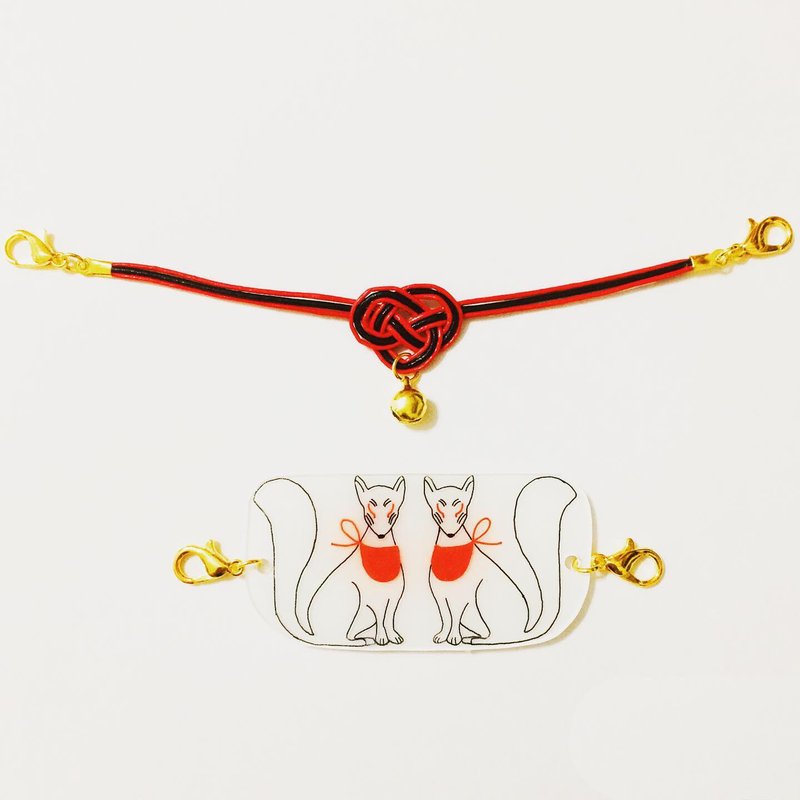 Ofuda fox fox and Mizuhiki mask with bell Mask charm accessories Plastic board Kitsune no yome mask holder Mask strap - 口罩 - 塑料 白色