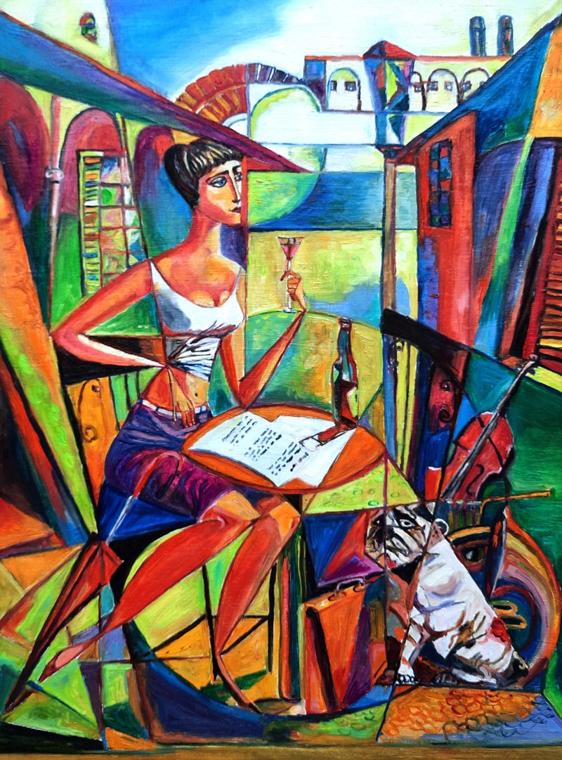Girl with Dog Art Original Painting  Oil On Canvas  Wall Decor - 墙贴/壁贴 - 其他材质 绿色