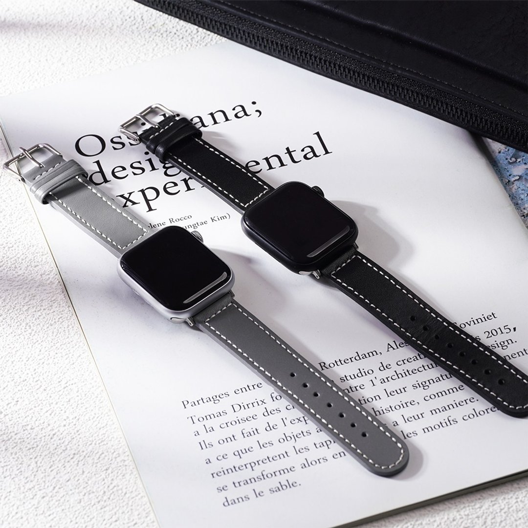 Apple watch - 【沉稳百搭黑灰色系】车线真皮苹果表带 收纳包 - 表带 - 真皮 黑色