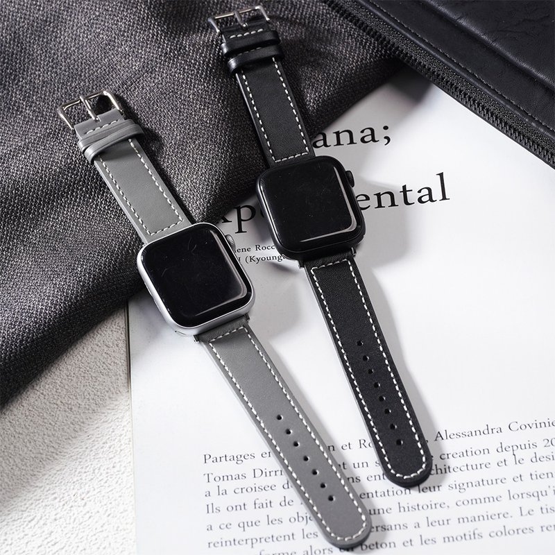 Apple watch - 【沉稳百搭黑灰色系】车线真皮苹果表带 - 表带 - 真皮 黑色