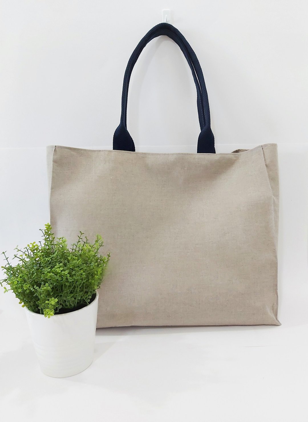 Large Linen Shoulder Bag with blue cotton webbing handle - 手提包/手提袋 - 棉 卡其色