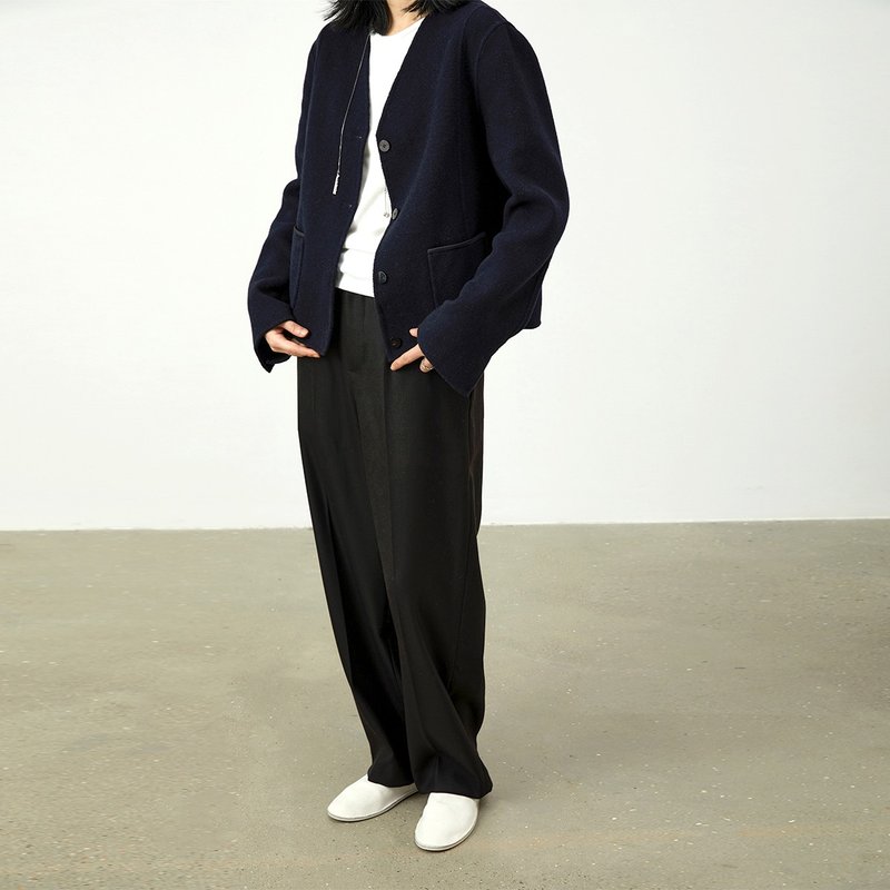 藏青色双面呢v领口袋短款毛呢外套秋冬休闲外套 杲果GAOGUO - 女装休闲/机能外套 - 羊毛 蓝色