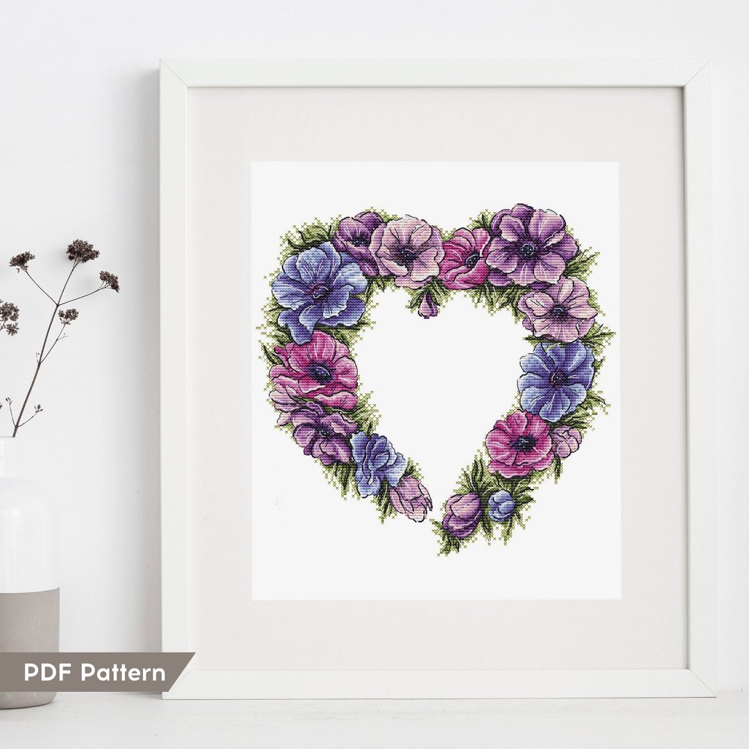 Anemone wreath cross stitch pattern digital download PDF Wedding DIY embroidery - 编织/刺绣/羊毛毡/裁缝 - 绣线 紫色