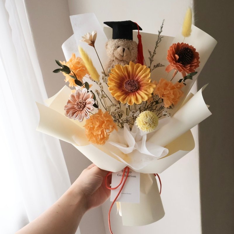 毕业熊花束 阳光橘太阳花花束 向日葵 生日 周年 毕业礼物 老师礼 - 干燥花/捧花 - 植物．花 多色