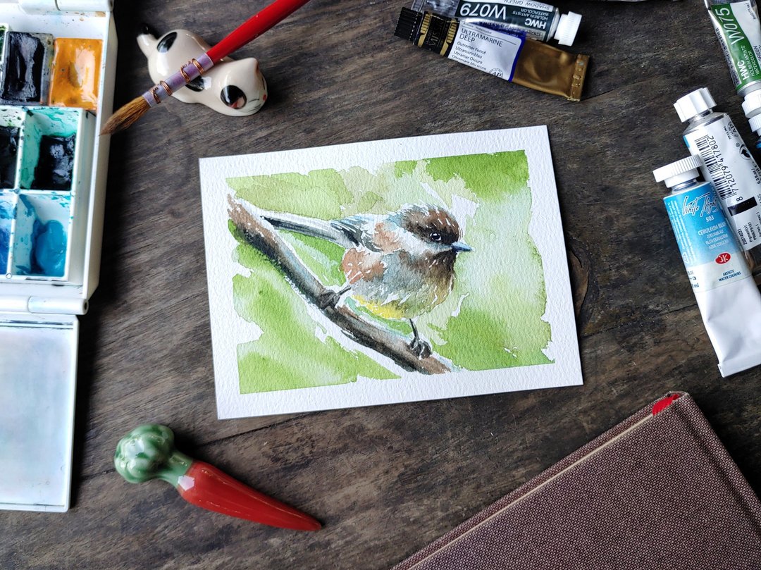 Original watercolor bird postcard. Hand-painted greeting card in watercolours - 卡片/明信片 - 纸 绿色